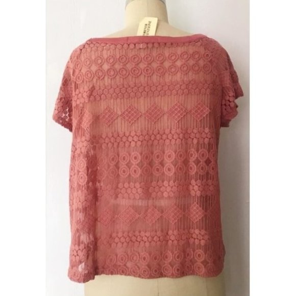 FOREVER 21 CORAL PINK MESH EMBROIDERED GEOMETRIC LACE TOP LARGE NWT - Picture 3 of 8